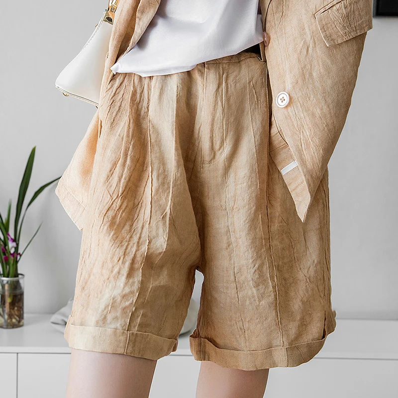 

SHENGPALAE elegant folds khaki linen shorts women's summer 2021 new high waist loose thin wide leg short pants female 5E1494