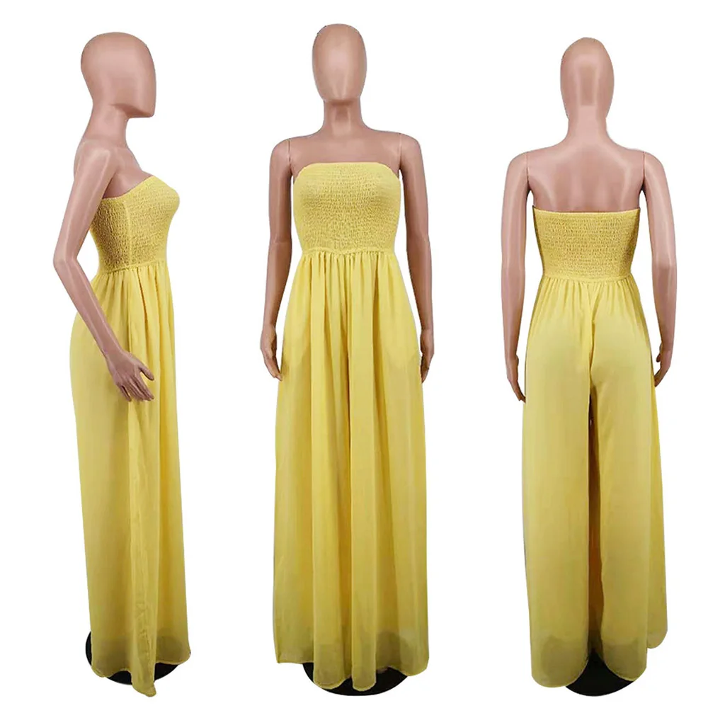 

Solid Chiffon Wide Legs Jumpsuit Women Partywear Casual Strapless Rompers Sleeveless Backless Seams Fashion Feminino Overalls