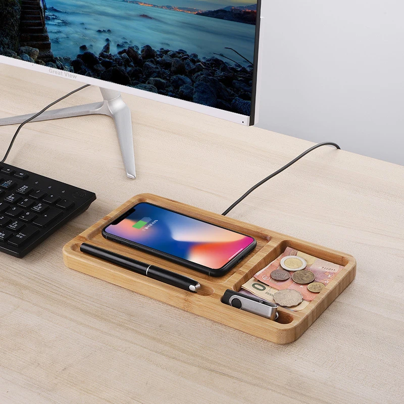 

New Mobile Phone Bamboo Wood Wireless Charger Wooden Storage Box Wireless Charging 5/10/15w Wireless Charging