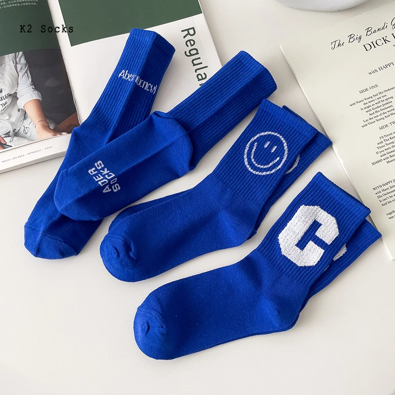 

Klein Blue Printed Letter Stocking Cotton Funny HipHop Harajuku Kawaii Smiley Girls Streetwear Soft Fashion Long Men Women Socks