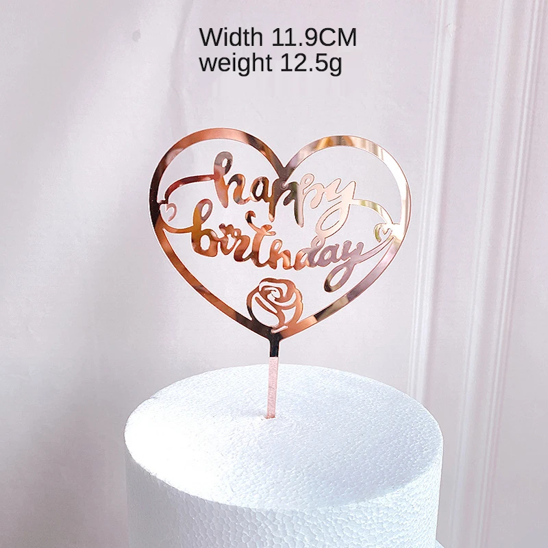 

10PCS Rose Gold Acrylic Cake Topper Happy Birthday Decoration Gateau Love Crown Round Square Letters Party Baking Decorations