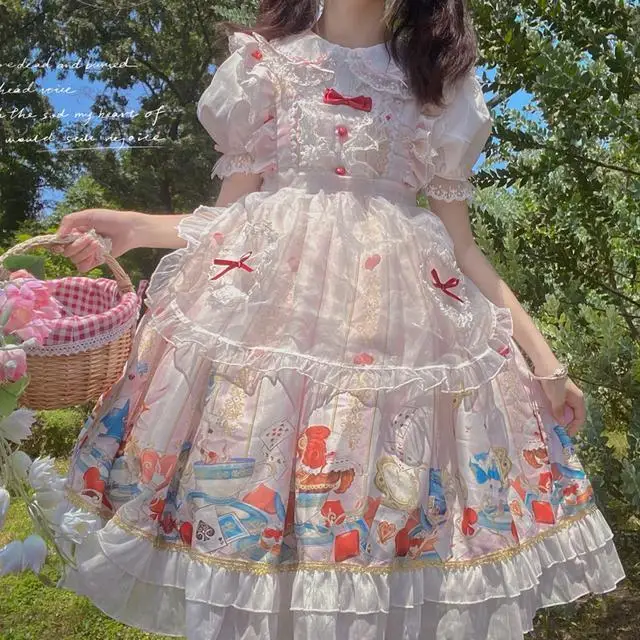

Japanese Sweet Lolita Dream Poker Printing Dress Jsk Sling Dress Women Summer Tea Party Princess Vintage Victorian Dresses
