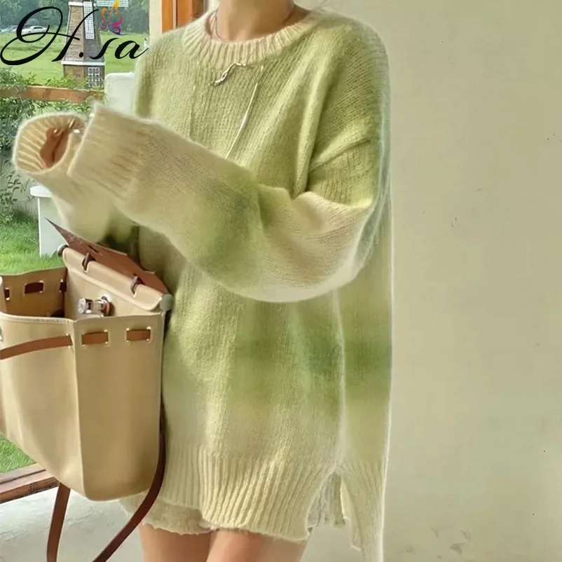 

Hsa женский зимний свитер с галстуком-краской, зеленый свитер, джемперы 2021, Осенний пуловер с круглым вырезом, свободный свитер, топ, Pull Femme Hiver