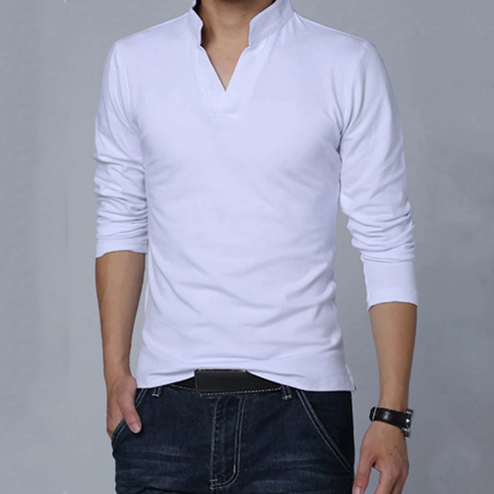 Однотонная мужская повседневная футболка с воротником-стойкой v-образным