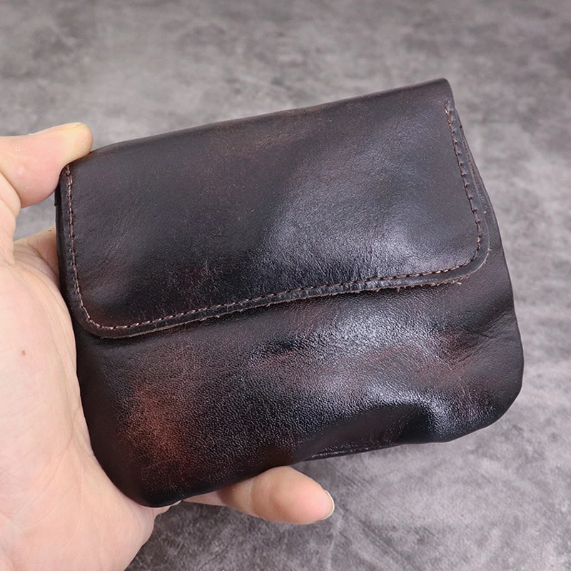 Retro Mini Original Leather Men Wrinkle Coin Purse Credit Cards Holder Genuine Leather Bifold Minimalist Short Wallet for Women