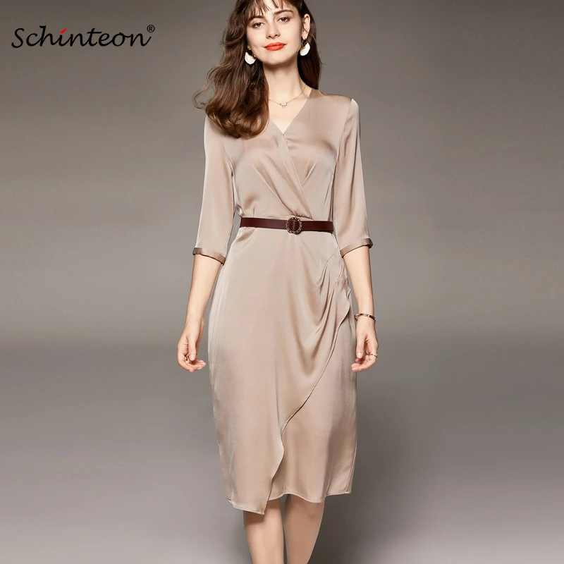 

Женское однотонное платье из 100% натурального шелка Schinteon, элегантное платье с v-образным вырезом и рукавами три четверти, лето 2021