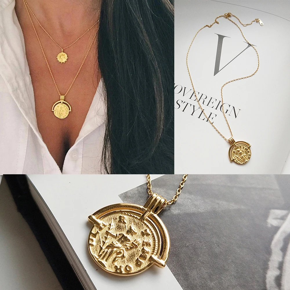 Portrait Gold Medallion Round Coin Pendant Choker Necklace Large Disc Necklace S925 Silver Personalized Necklace Boho Jewelry - Окраска металла: F1318