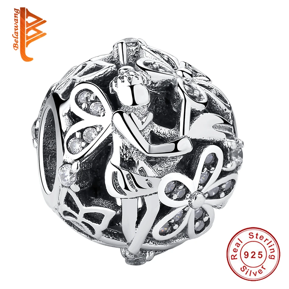 Оптовая Продажа 925 стерлингового серебра Полые бусины в виде цветочной феи с