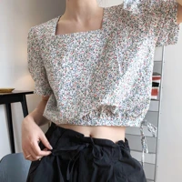 fashion small crushed flower short sleeved t shirt womens summer new korean version of the short high waist bubble sleeves top