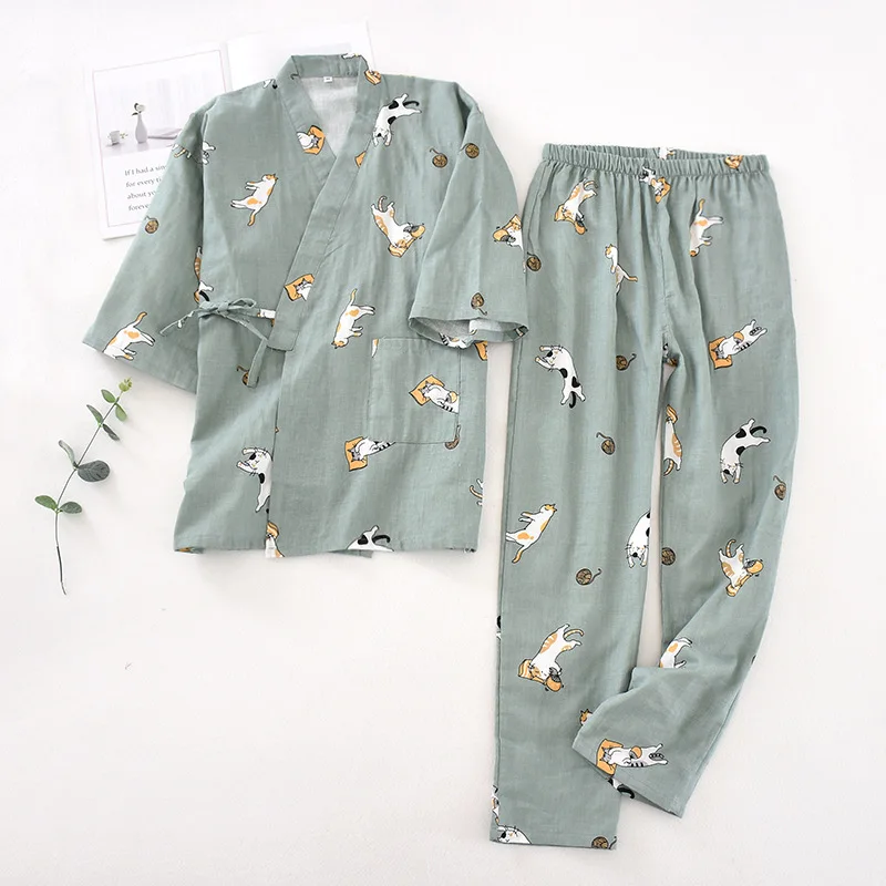 

2021 new seven-sleeve Japanese-style kimono pajamas set female spring and autumn 100% cotton gauze home clothes cute sweet two-p