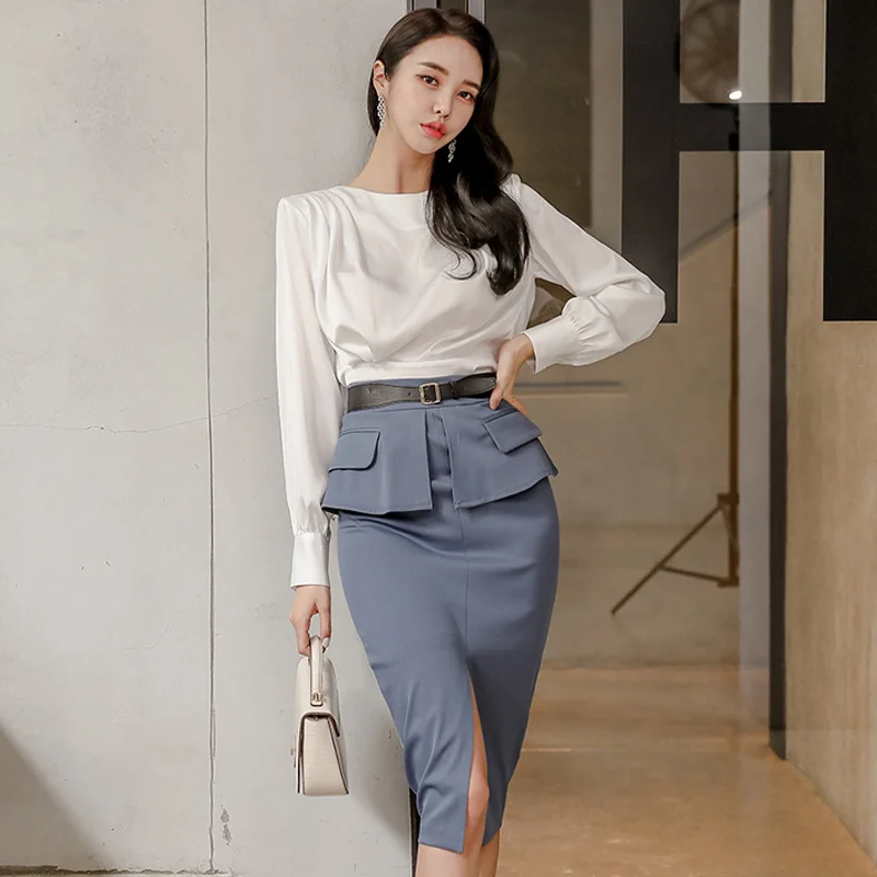 

Женская Осенняя одежда из двух предметов, новинка 2020, стильная профессиональная белая рубашка Ol с длинным рукавом и высокой талией, Женская ...