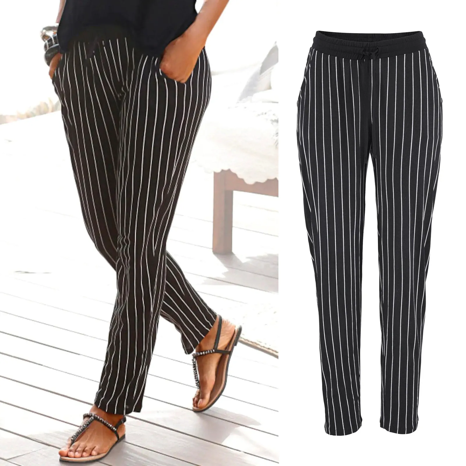 

40# 2021 Summer Women Pants Beach Wear Stripe Print Plaid Pants Plus Size Women Long Trousers Female Korean High Waist Pants
