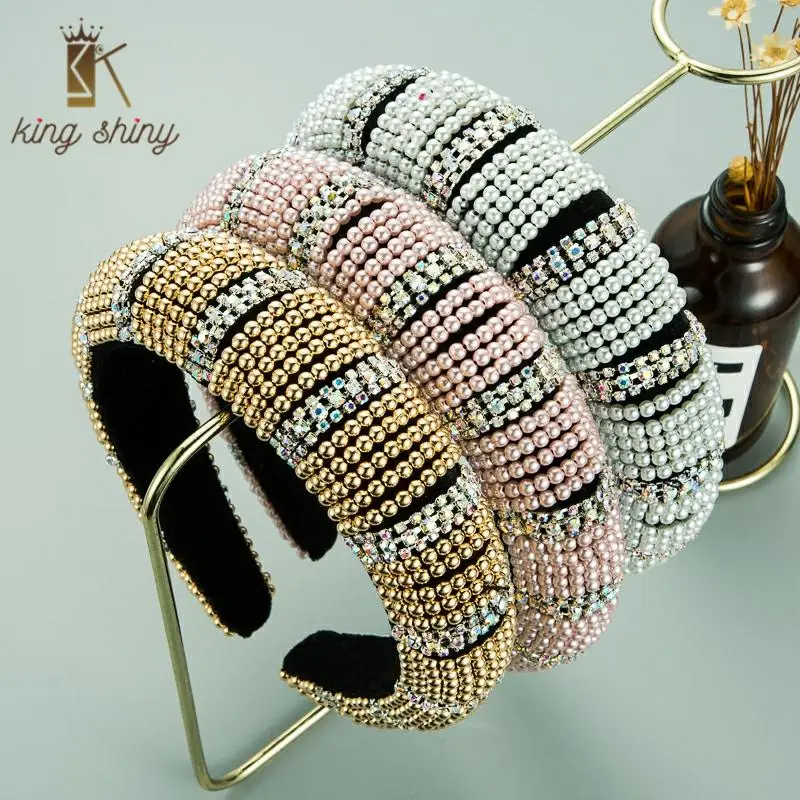 

Luxury Baroque Fully Color Simulated Pearl Headband Elegant Shiny Rhinestone Padded Thick Sponge Hairband Girls Party Headpieces