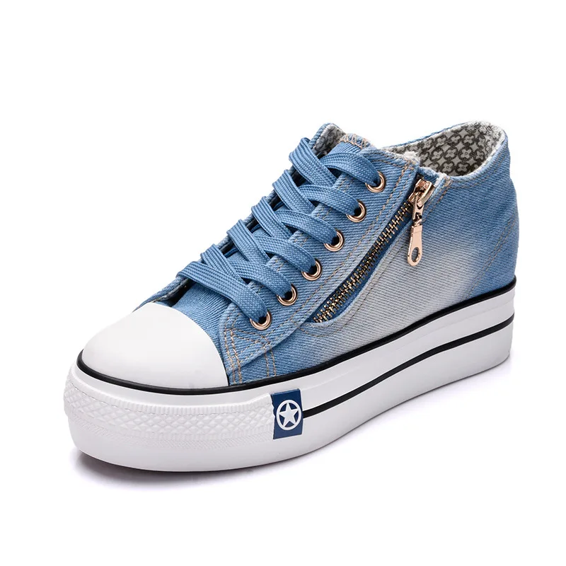 

Spring and summer new 6cm heightened thick-soled denim canvas shoes women's trend non-slip wild side zipper wild sneakers