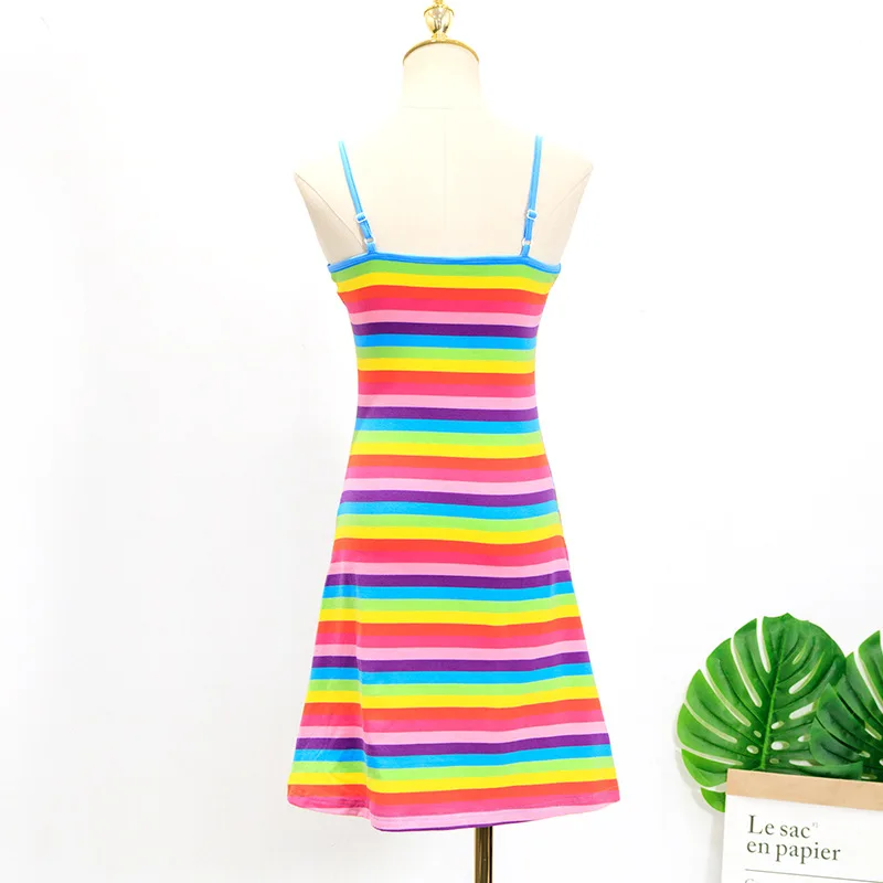 Ropa mujer, корейские милые кавайные летние платья, Ким Хюна, разноцветное платье в радужную полоску с вышитыми буквами, платье на тонких бретелях