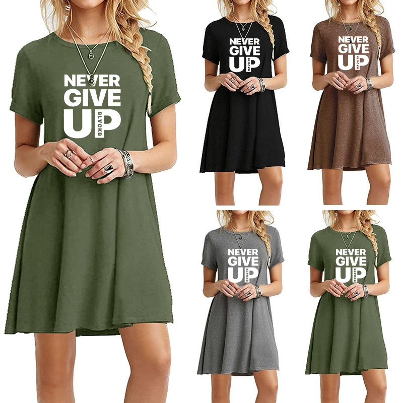 

Short Dresses Woman Summer 2021 Never Give Up Letter Print Dress Short Sleeve Loose A-Line Hem Party Vintage Vestidos Decent