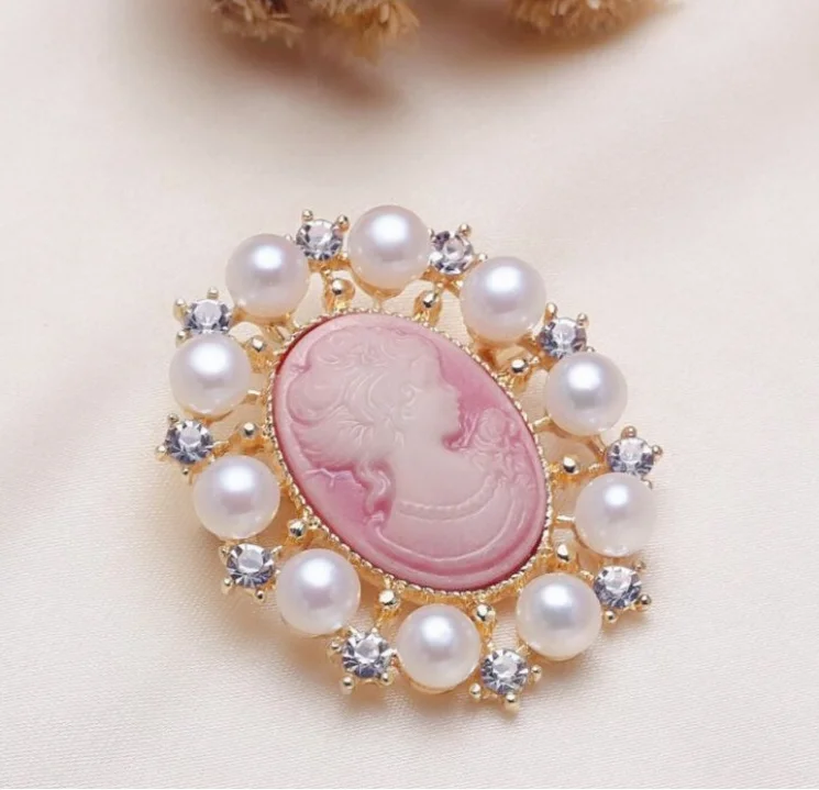 Pink white pearl Горный хрусталь винтажная Женская Камея Брошь булавка с белым натуральным пресноводным жемчугом рождественские подарки для женщин эмалированная булавка и броши - Окраска металла: Pink white pearl