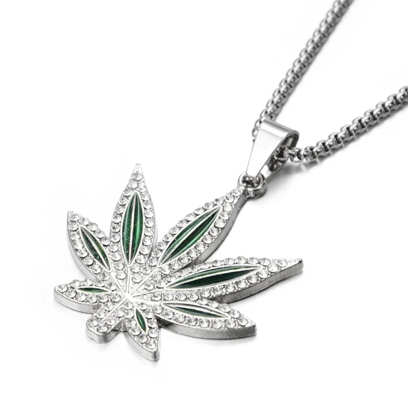 

New Fashion Maple Leaf Pendant Necklace for Men Silver Color Hemp Leaf Pendent With Ice Out Chain Necklace Fashion Jewelry Gift