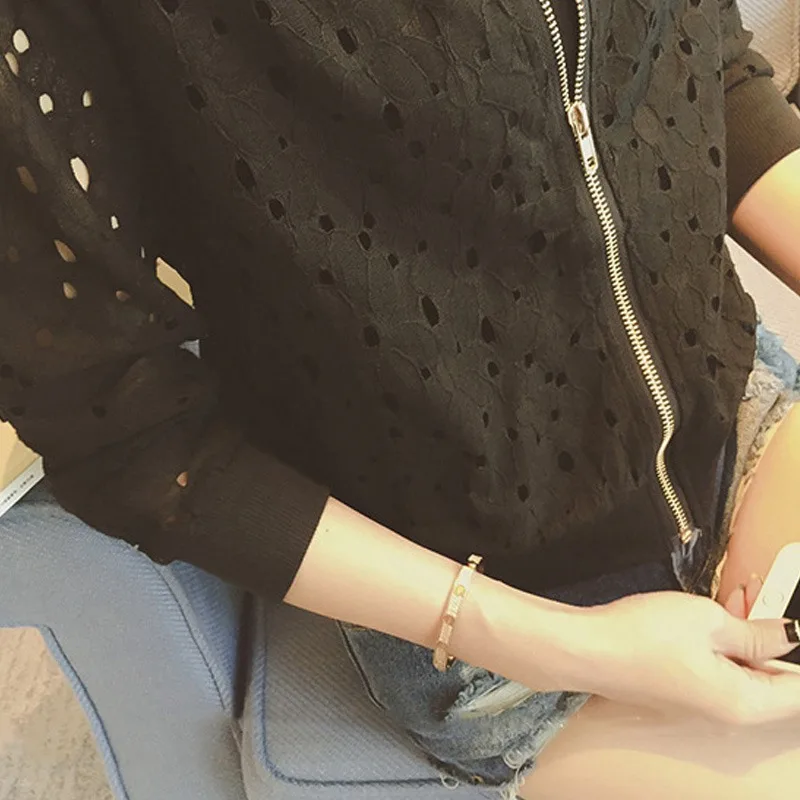 

Summer Autumn Sexy Thin Sction Hollow Zipper Long Sleeve Coat Plus Size Women Loose Breathable Clothing