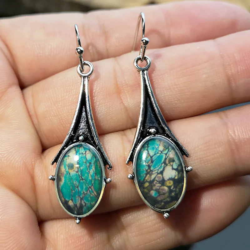 

Fashion Drop-Shaped Turquoise Jewelry Earrings for Women 2021 European and American Popular Retro Golden Marble Earrings