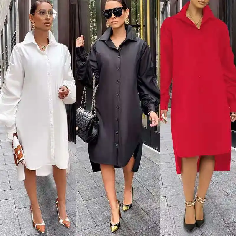 

Summer Dress 2021 Female Lapel Pleated Street Vestido Traf Long Sleeve Turn Down Collar Y2k Women Loose Plus Size Maxi Dresses