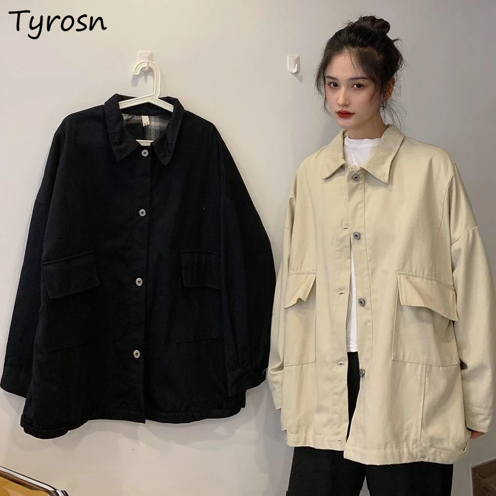 

Basic Jackets Women Single Breasted Turn-down Collar Elegant Streetwear Retro All-match Tooling Outwear Teens Safari Style Chic