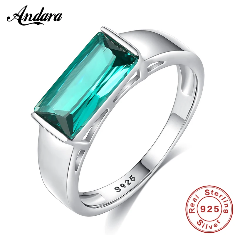 

New 100% 925 Sterling Silver Jewelry Ring Simple Fashion Green Gem Geometric Square Rings Female Women Silver Jewelry