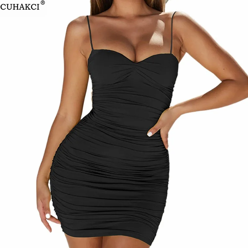 Мини платье на бретельках CUHAKCI летняя одежда без рукавов женская черная