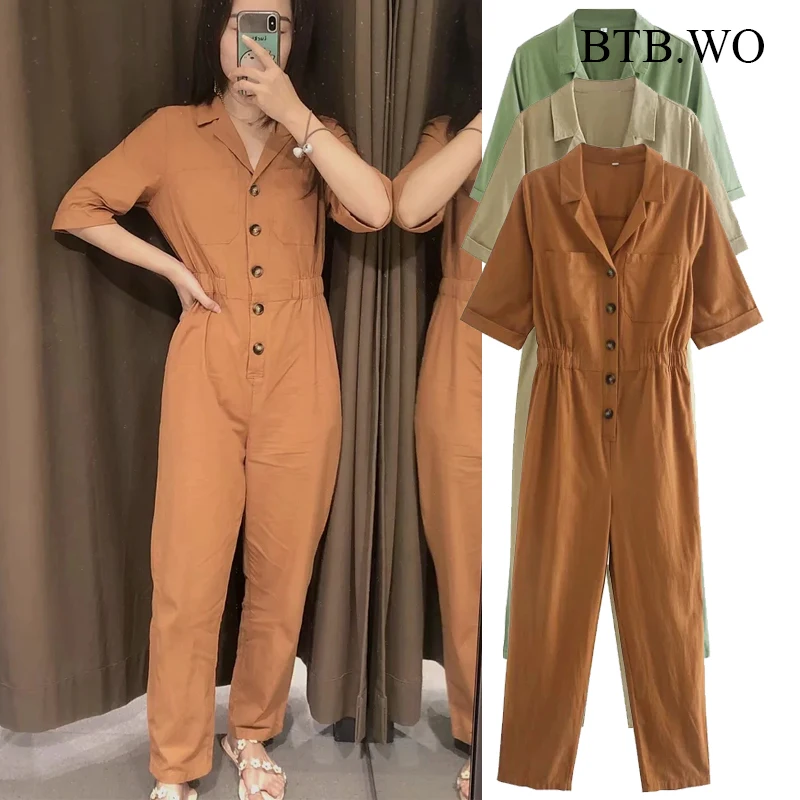 

Женский комбинезон с отложным воротником BTB.WO, повседневная офисная одежда с короткими рукавами, карманами, эластичной талией, 2021