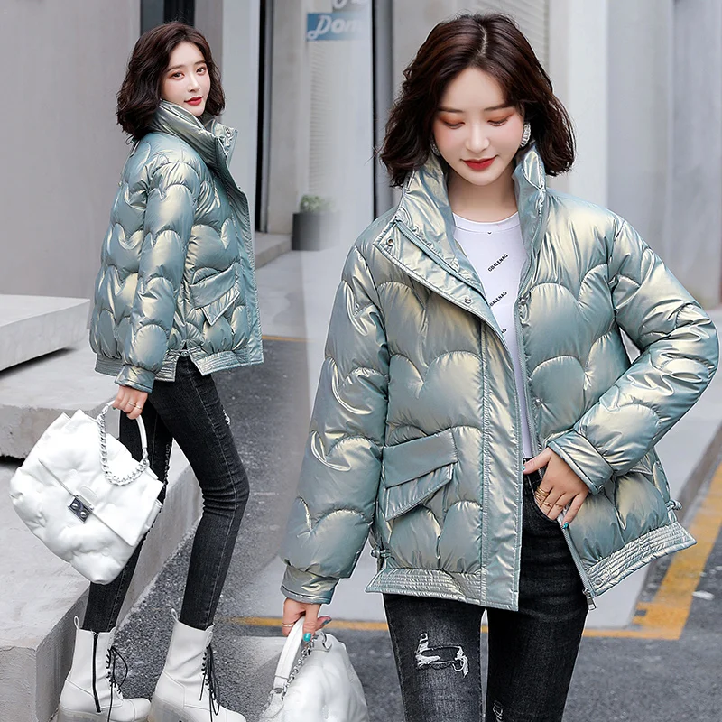 Fashion Women Winter Bright Parkas Stand Collar Short Jacket Cotton Padded Warm Thicken Ladies Coat Long Sleeve Coats Parka