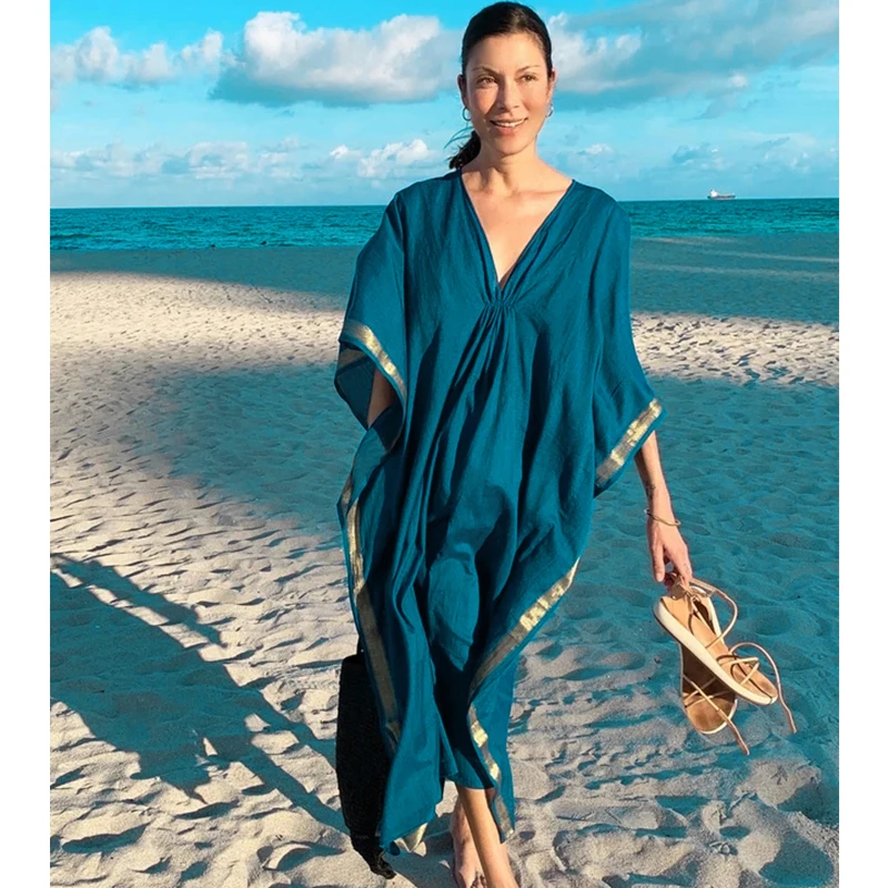 

Lake Blue Bordered With Gold Kaftan Casual V-neck Bats Sleeve Summer Beach Dress Cotton Tunic Women Maxi Dresses Q1135