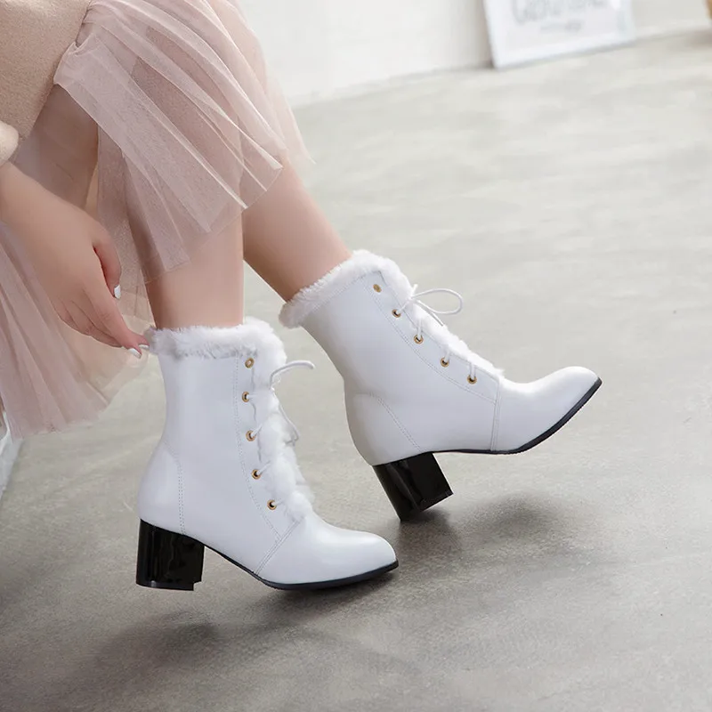 

ASUMER plus size 34-48 fashion ankle boots round toe lace up ladies prom boots square heels faux fur autumn winte boots 2020