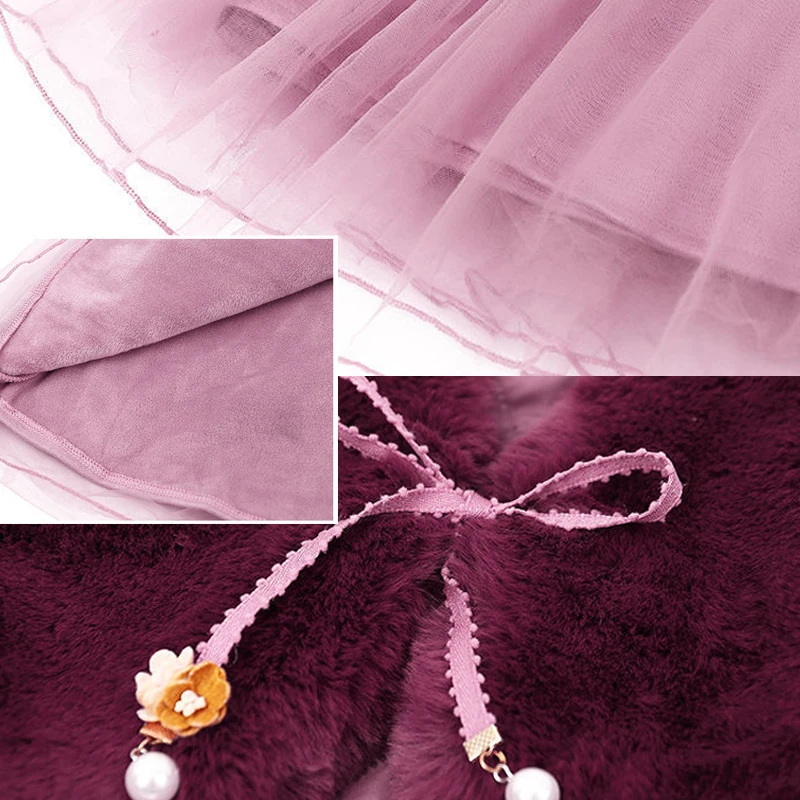 

New 2 PCS Teens Girls Clothes Set Autumn Winter Baby Kids Bow Jacket Fur Vest Lace Long-sleeve Dress for Children Clothing Set