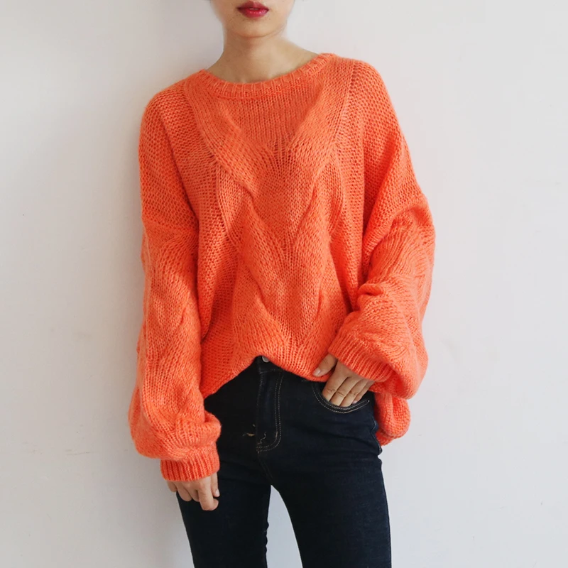 Women Mohair Pullover Sweater Lazy Wind Cable Knit 2019 Autumn Winter Lantern Sleeve Orange Oversized Jumper | Женская одежда