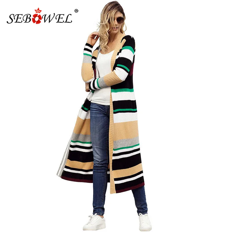 

SEBOWEL Fashion Hit Color Striped Woman Long Cardigans Sweater Rainbow Ribbed Knit Colorblock Sweaters Female Autumn Warm Coats