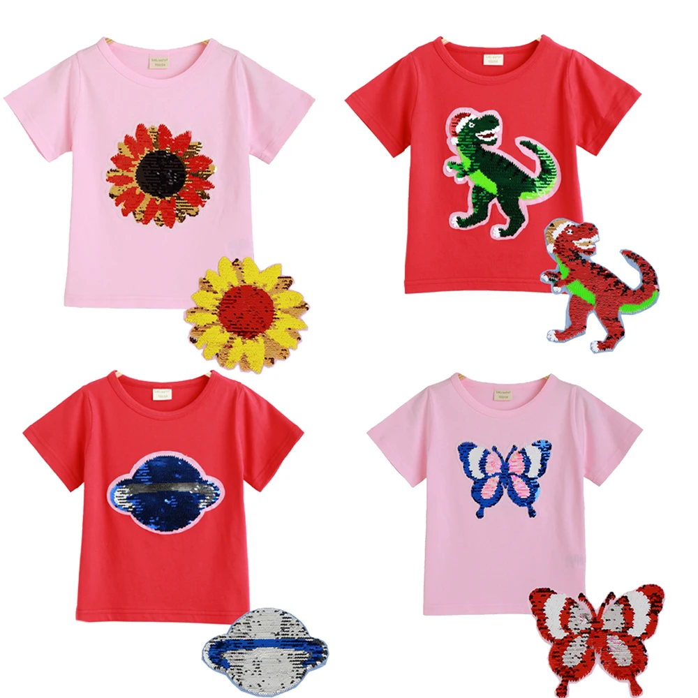 

Summer Girls T-Shirts Clothing 1pcs Magic Sequin Change graph Dinosaur Cotton Children Casual Fashion T Shirt Kids Tops Tee