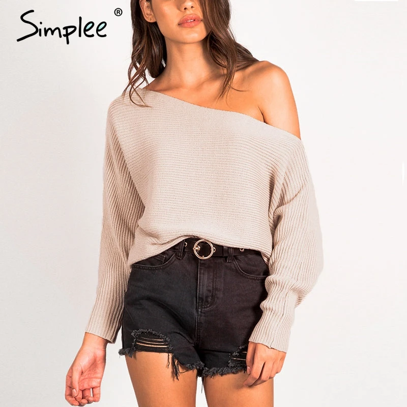 Simplee Off shoulder sexy elastic knitting pullover female Bat long sleeve knitted sweater women Fashion jumper pull knit shirt | Женская