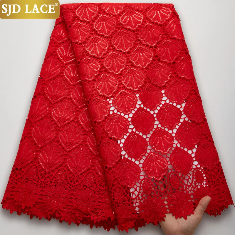 

SJD LACE Red African Lace Fabric With Sequins Water Soluble Milk Silk High Quality Nigerian Guipure Cord Wedding Materials A2683