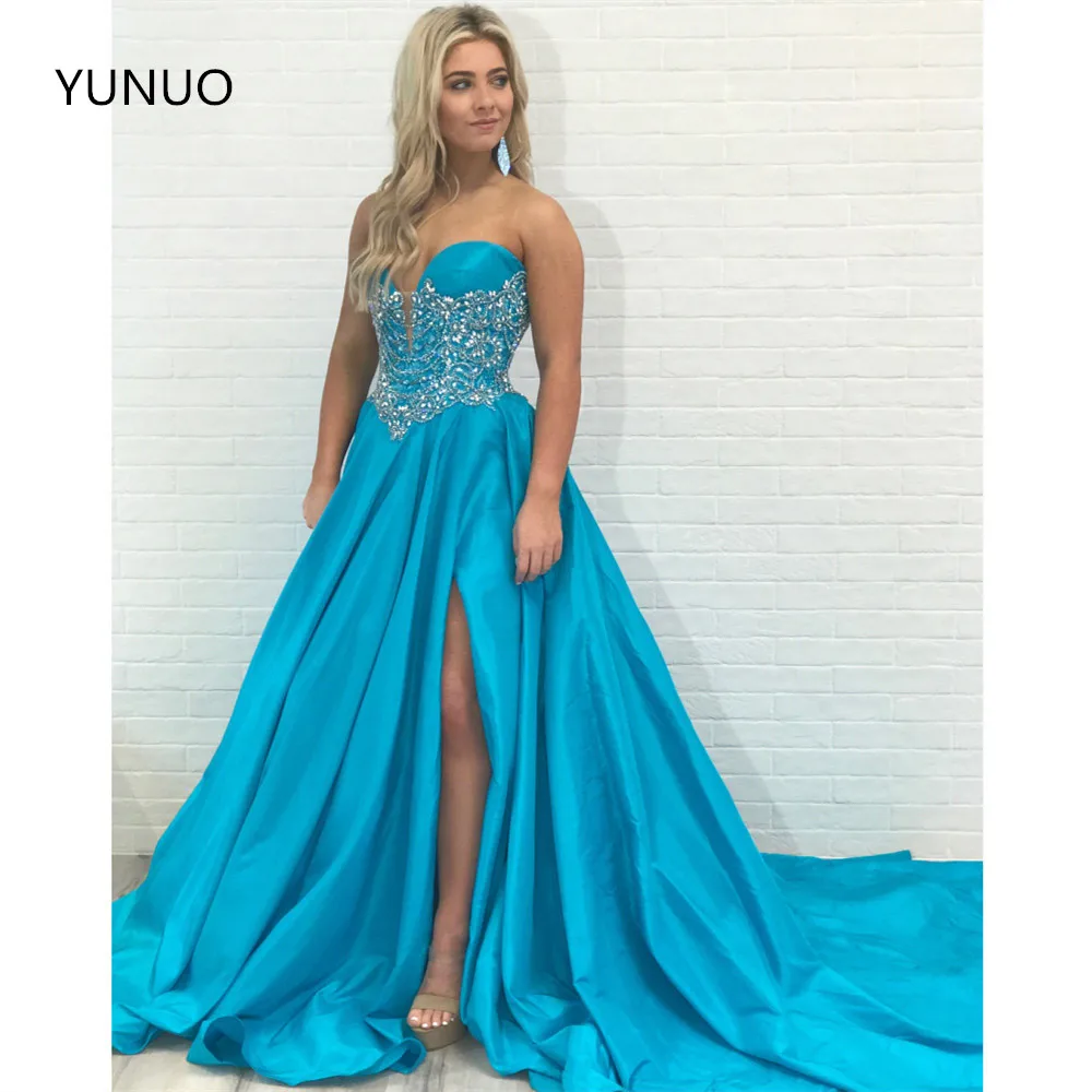 

Роскошные атласные вечерние платья YUNUO с бисером, длинный шлейф, милое вечернее платье с высоким разрезом, строгие платья