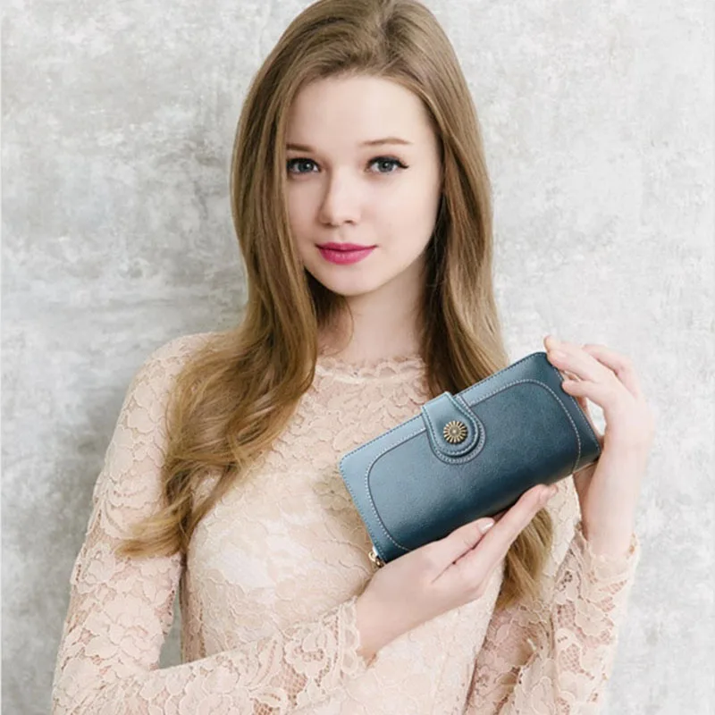 

Wallet female luxury Long Blue Clutch 2019 New Leather purse Woman Zipper Wallets lady Purses Wristle Money Bag Coin Card Holder