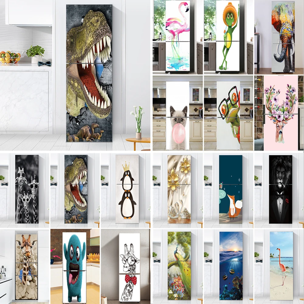 

Roaring Dinosaur Film On The Refrigerator Vinyl Self-adhesive Panels 3D Life Wall Stickers Decor Self Adhesive Wallpapers Decals