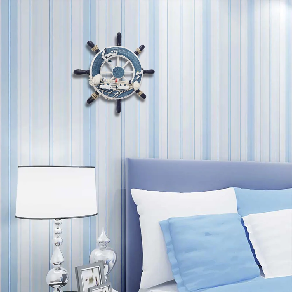 

WINOMO Wooden 23cm Beach Boat Ship Steering Wheel Fishing Net Home Wall Decoration (Blue)