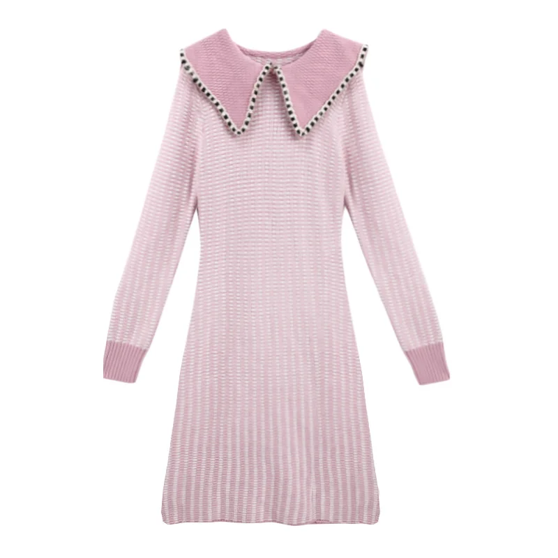 2022 Autumn Winter Sweet Pink Sweater Dress Women Peter Pan Collar Long Sleeve Mini A-Line Knitted Vestidos