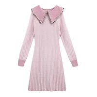 2022 autumn winter sweet pink sweater dress women peter pan collar long sleeve mini a line knitted vestidos