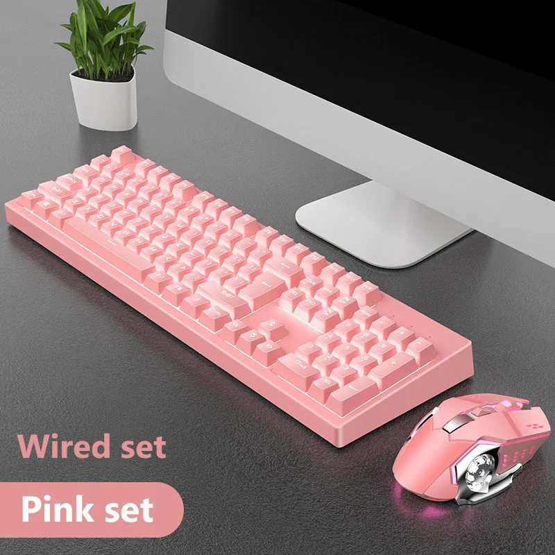 USB Проводная игровая клавиатура с подсветкой и мышь 104 брелки механическая клавиатура с ощущением игровая мышь для ноутбука PC компьютерный геймер - Цвет: Pink Set