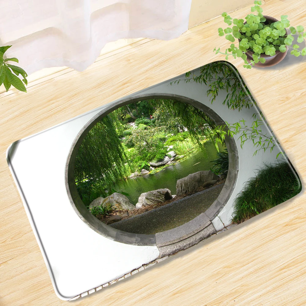

Chinese Arch Garden Landscape Bath Mat Natural Scenery Green Tree Lake Non-Slip Entrance Door Mat Door Mat Bathroom Rug Carpet
