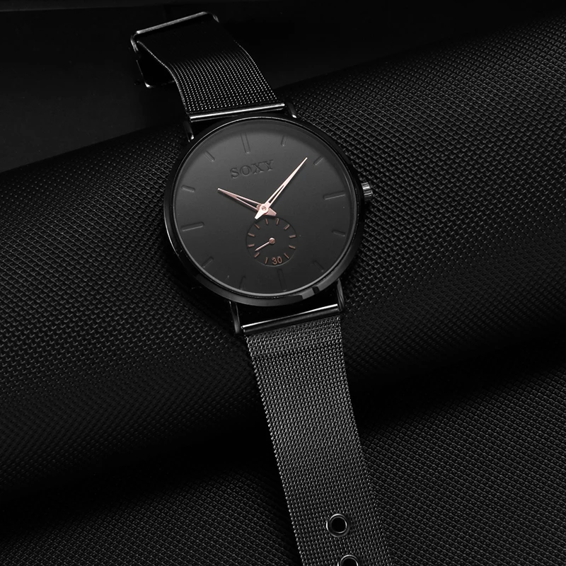 

SOXY Brand Steel Band Wristwatch Men Fashion Casual Men Watches Simple Design Black Watch Quartz Clock Sport relogio masculino