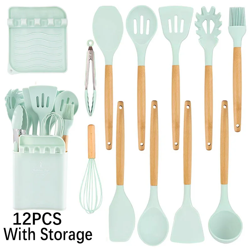 

2021 12pcs Silicone Kitchen Cooking Utensil Set with Storage Bucket Nonstick Cookware BPA Free Non-Toxic Kitchen Cooking Tools