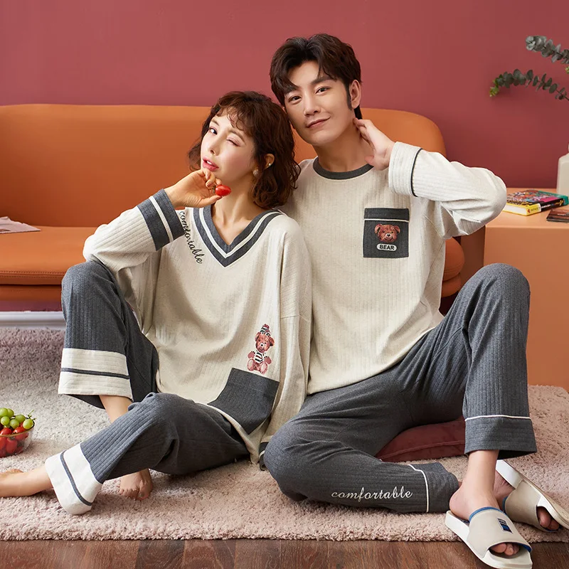 

Новые хлопковые пижамы для пар Длинные штаны с длинным рукавом мультяшная одежда для ванны топы для отдыха одежда для сна Домашняя одежда н...