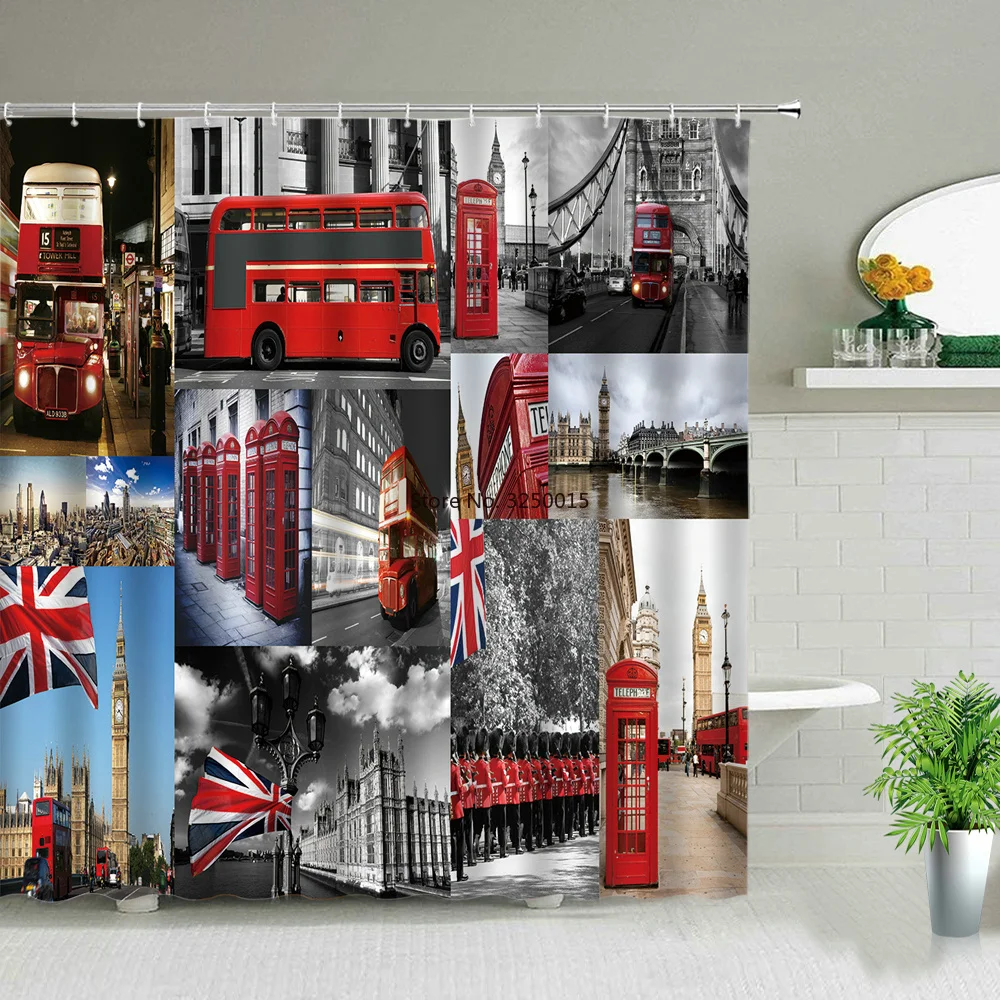 

Old Newspaper Bathroom Screen Bath Curtain European Style Retro London Big Ben Red Tram Telephone Hall Scenery Shower Curtains